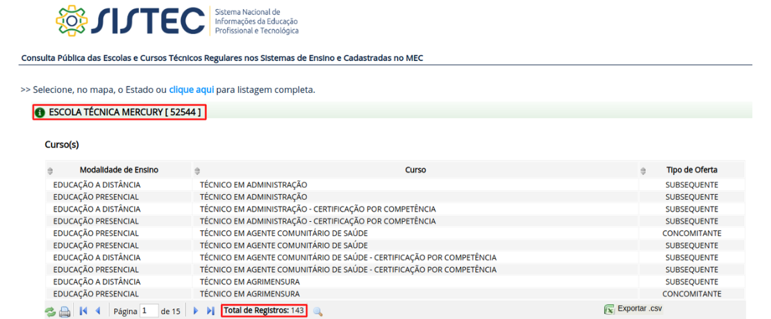 Comprovação no SISTEC - Escola Técnica Mercury